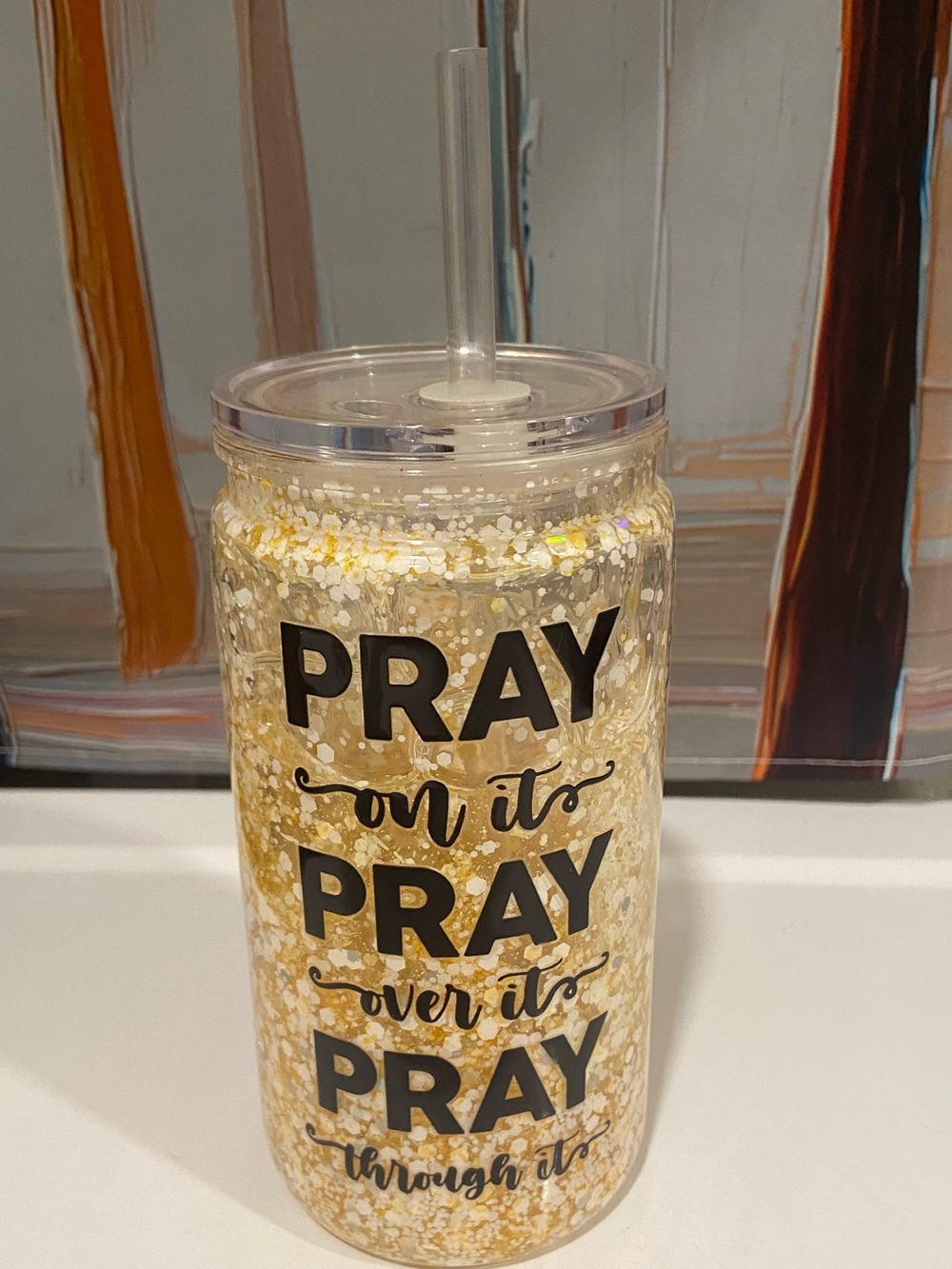 Gold Glitter 'Pray' Insulated Tumbler with Straw